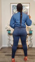 Puff Sleeve Tie Front Denim Shirt