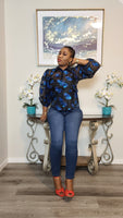 Blue/Black Organza Puff Sleeve Blouse