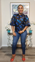 Blue/Black Organza Puff Sleeve Blouse